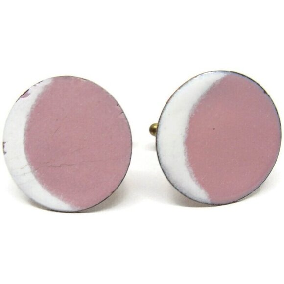 Pink White Moon Enamel Copper Cufflinks Round Shirt Accessories Wedding Vintage - Picture 3 of 9